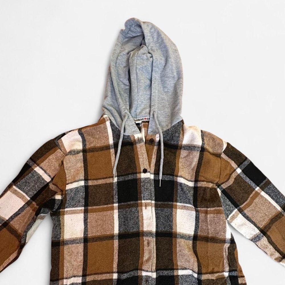Women’s Black and Brown Plaid Flannel Hoodie shacket size Large - Picture 3 of 6